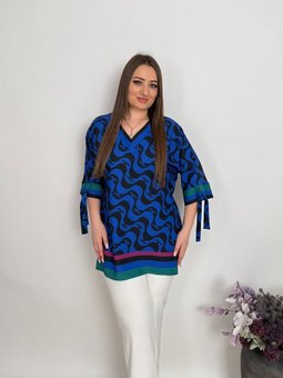 Büyük Beden Dijital Baskılı Krep Bluz Saks