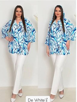 Büyük Beden Kapşonlu Empirme Baskılı Gömlek Saks