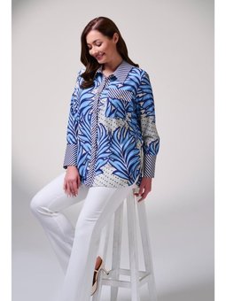 Büyük Beden Pamuk Saten Baskı Detaylı Mavi Gömlek