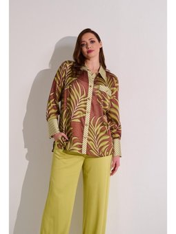 Büyük Beden Pamuk Saten Baskı Detaylı Yeşil Gömlek