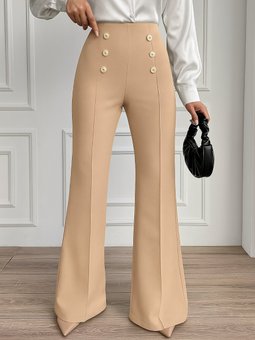 Bej Düğme Detay Çımalı Fermuarlı Krep Kumaş Pantolon
