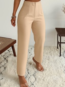 Bej Yüksek Bel Dar Kesim Fermuarlı Krep Kumaş Pantolon