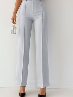 Gri Yüksek Bel Çımalı Fermuarlı Ve Düğmeli Krep Kumaş Pantolon