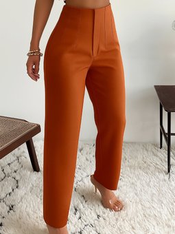 Kiremit Yüksek Bel Dar Kesim Fermuarlı Krep Kumaş Pantolon