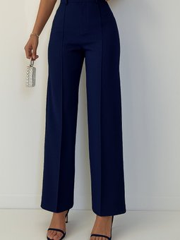 Lacivert Yüksek Bel Çımalı Fermuarlı Ve Düğmeli Krep Kumaş Pantolon