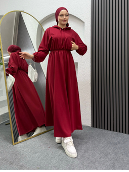 Kapüşonlu Bordo Elbise