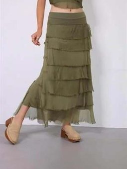 Açık Haki Uzun İtalyan Beden İnce Gösteren Kat İpek Straplez Elbise Etek