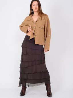 Kahverengi Uzun İtalyan Beden İnce Gösteren Kat İpek Straplez Elbise Etek