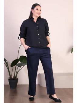 Kadin Beli Lastikli Buyuk Beden Likralı Bol Paça Mevsimlik Lacivert Pantolon