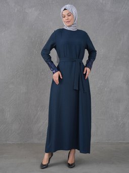 Melanjlı Kumaş Manşet Payet Garnili Lacivert Elbise