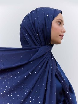 Strass Taşlı İpeksi Lacivert Şal