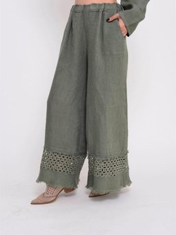 Haki İtalyan Fisto Detaylı Keten Pantolon