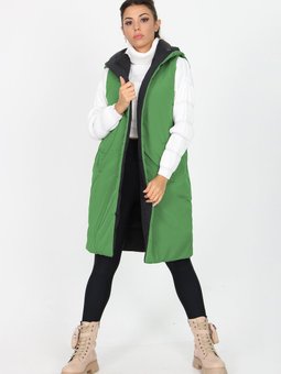 Yeşil Kapüşonlu Çift Taraflı Uzun Kapitone Neo Yelek