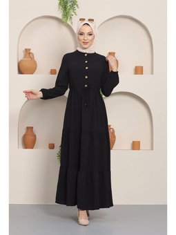 Büzgülü Düğmeli Aerobin Siyah Elbise