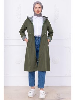 Çizgi Detaylı Haki Trençkot