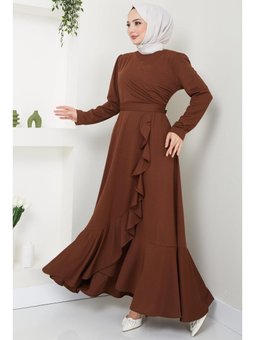 Eteği Fırfırlı Drapeli Kahverengi Elbise