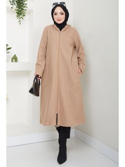 Fermuarlı Kapüşonlu Camel Kap
