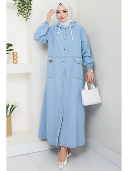 Kapüşonlu Düğmeli Torba Cep Kot Açık Mavi Kap