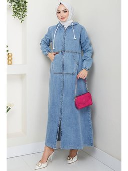 Kapüşonlu Kanguru Cepli Fermuarlı Kot Mavi Kap