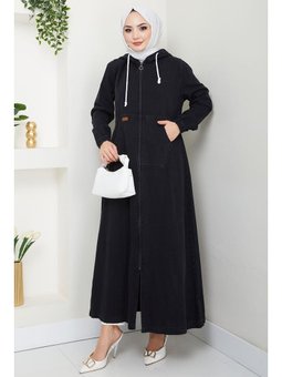 Kapüşonlu Kanguru Cepli Fermuarlı Kot Siyah Kap