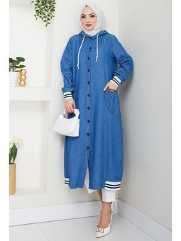 Kapüşonlu Ribanalı Kot Açık Mavi Kap