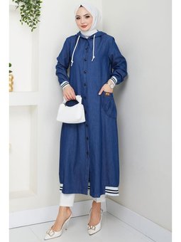 Kapüşonlu Ribanalı Kot Koyu Mavi Kap