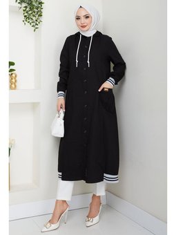 Kapüşonlu Ribanalı Kot Siyah Kap