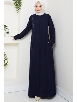 Önü Taşlı Büyük Beden Lacivert Ferace