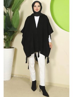 Püskül Detaylı Triko Siyah Panço