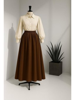 Beli Lastikli Uzun Poplin Kahverengi Etek