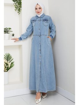 Cepli Düğmeli Ribana Detaylı Kot Mavi Uzun Kap