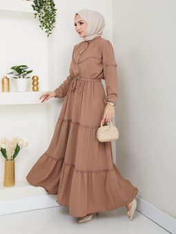 Dantel Detaylı Bel Bağcıklı Bej Aerobin Elbise