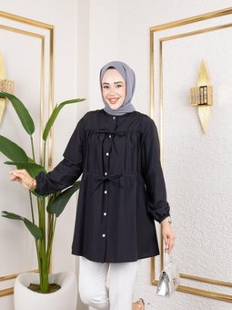 Düğmeli Bağlamalı Siyah Gömlek