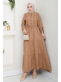 Fırfır Detaylı Düğmeli Bej Keten elbise
