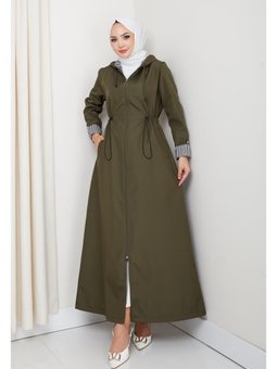 Kapüşonlu Çizgi Detaylı Haki Bondit Kap