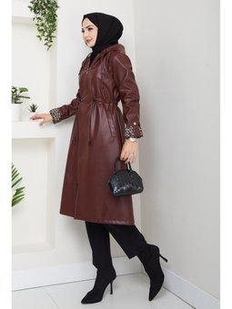 Kapüşonlu Fermuarlı Şardonlu Deri Bordo Kap