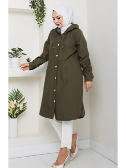 Kapüşonlu İçi Çizgili Mevsimlik Haki Kap Trenç