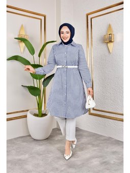 Kemerli Çizgili Keten gömlek