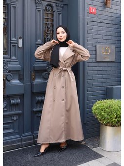 Kuşaklı Çift Düğmeli Astarlı Bondit Bej Trençkot