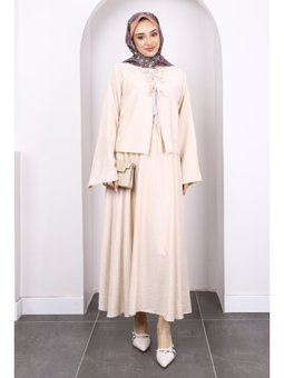 Bej Önü Bağlamalı Kimono Etekli Takım