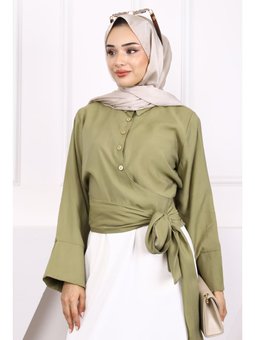 Haki Bel Bağlamalı Modal Gömlek