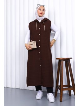 Kahverengi Kapüşonlu Kapitone Uzun Yelek