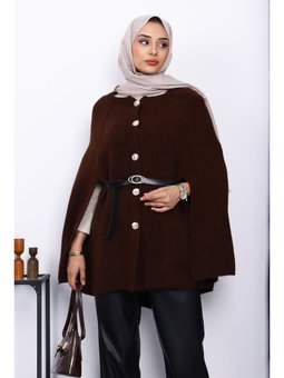 Kahverengi Kemerli Şordonlu Triko Panço