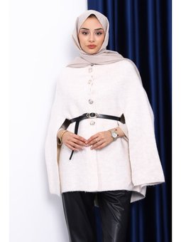 Krem Kemerli Şordonlu Triko Panço