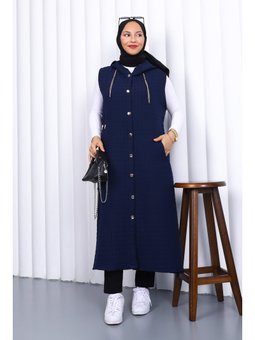 Lacivert Kapüşonlu Kapitone Uzun Yelek