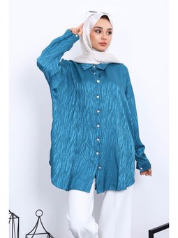 Petrol Yeşili Jakarlı Düğmeli Gömlek