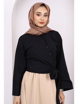 Siyah Bel Bağlamalı Crop Gömlek
