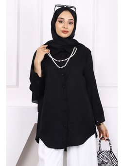 Siyah İnci Kolyeli Keten Gömlek