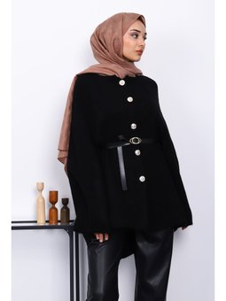 Siyah Kemerli Şordonlu Triko Panço