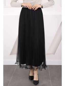 Siyah Piliseli Bel Lastikli Etek
